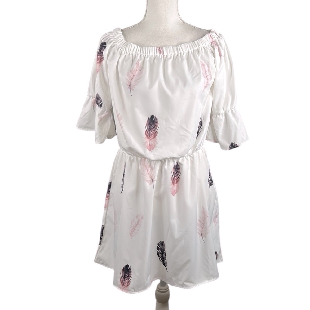Boho Festival Coachella Off The Shoulder Feather Print Summer‎ Dress Size Large